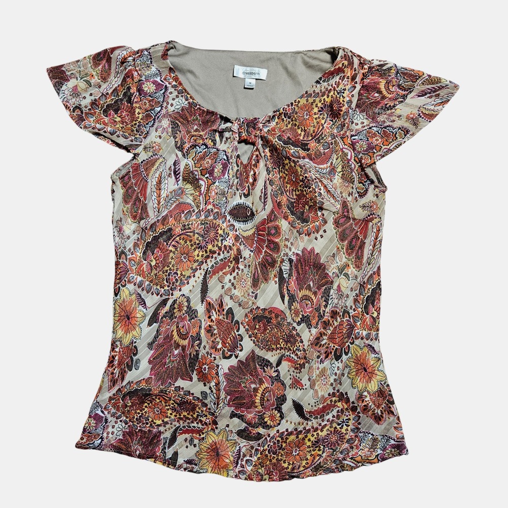 Dressbarn Paisley Floral Cap Sleeve‎ Blouse Top M Keyhole Boho Autumn Festival